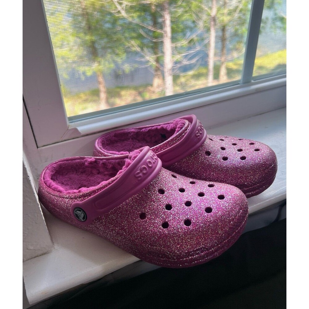 Crocs Classic Clogs Fleece Lined Pink Magenta Sparkle Juniors Size 2 (EU 30-31) - Picture 2 of 9